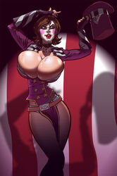 1girls alternate_breast_size bimbo borderlands borderlands_2 breasts brown_hair bursting_breasts cleavage collar facepaint female female_only gloves hat huge_breasts large_breasts mad_moxxi mole red_lipstick short_hair slender slim_waist solo solo_female tattoo thin_waist top_hat top_heavy volupop