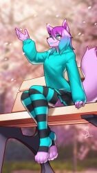9:16 absurd_res anthro bench canid canine canis cherry_blossom clothed clothing crossdressing domestic_dog flower hi_res male mammal nariikhan on_bench outside park plant prunus_(flower) sitting sitting_on_bench solo