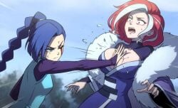 2girls big_boobs big_breasts blue_hair boobs_focus breasts_focus catfight damaged damaged_clothes female female_assassin female_focus female_only femsub fight grabbing grabbing_another's_breast grabbing_breasts green_eyes groping_breasts injured injury large_boobs large_breasts manjusaka_(scissor_seven) punch punching punching_breasts red_eyes red_hair ryona scissor_seven serious serious_face serious_look surprised surprised_expression thirteen_(scissor_seven) touching_breast touching_breasts