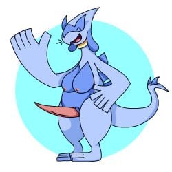 aliasing anthro biped blue_ears blue_spikes blue_tail collar digital_drawing_(artwork) digital_media_(artwork) erection generation_2_pokemon genitals hi_res intersex legendary_pokemon lugia multicolored_body nintendo nipples penis pokemon pokemon_(species) red_nipples red_penis rhenny_(rhenaudthelukark) smile solo spiked_tail spikes spikes_(anatomy) tail tapering_penis trooper3 two_tone_body two_tone_tail yellow_collar