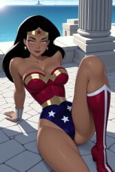 1girl ai_generated bare_shoulders big_breasts black_hair blue_eyes boots breasts cleavage dark_skin dc dc_animated_universe dc_comics dcau diana_prince earrings hi_res high_quality high_resolution jewelry justice_league justice_league_unlimited large_breasts leotard lips long_hair looking_at_viewer patreon seductive sexy solo spicytoonai star_(symbol) star_earrings star_print strapless superhero thighs uncensored watermark wonder_woman wonder_woman_(series)