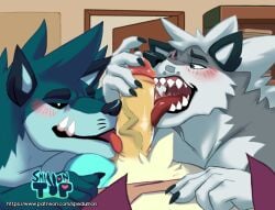 3boys adventurer_(small_on_top) anthro anthro_on_anthro big_penis blush blushing first_person_view fur furry furry_only gay large_penis looking_at_viewer male male/male male_only male_pov oral_sex pov rabbit sex smaller_male spedumon sucking_balls sucking_penis threesome trio werecanid wolf wulfrick