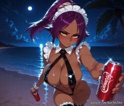 1girl 2026 ai_generated anime bangs beach bleach bleach:_the_thousand-year_blood_war blush boobs breasts can cleavage cloud coca-cola crossover dark-skinned_female dark_skin eye_contact female female_focus flushed full_moon giving highres holding holding_can huge_breasts large_breasts long_hair looking_at_viewer maid_headdress midriff moon navel night night_sky nsfw ocean outdoors palm_tree patreon ponytail purple_hair rognezart shihouin_yoruichi sky slingshot_swimsuit soda_can solo sweat sweaty swimsuit thighhighs tree very_long_hair water yellow_eyes