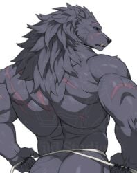 1boy adjusting_fundoshi animal_ears ass bara biceps black_fur blaidd_the_half-wolf claws closed_mouth commentary elden_ring furry furry_male highres looking_at_viewer looking_back male_focus multiple_scars muscular muscular_male rossciaco scar scar_on_arm scar_on_face tail untranslatable_commentary watermark white_background wolf_boy wolf_ears wolf_tail
