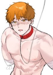 1boy amputated_arm amputated_arms amputee anime_style bandage bandaged_arm bandages blush blushing collar color colored digital_drawing_(artwork) digital_media_(artwork) eye_contact ginger_hair handy_(htf) happy_tree_friends leash light-skinned_male light_skin looking_at_viewer looking_up male male_only missing_arm mondo_media muscles muscular muscular_male naked naked_male nipples nude nude_male orange_eyes orange_hair pale-skinned_male pale_skin pov_eye_contact short_hair simple_background solo solo_male submissive submissive_male sweat sweatdrop sweating worried worried_expression