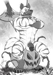 2021 abs absurd_res anthro chin_piercing claws collar cutaway dated facial_piercing flaccid food frenum_ladder frenum_piercing front_view fruit genital_piercing genitals grass grin hi_res hufnaar hyena jack-o'-lantern ladder_piercing looking_at_viewer male male_anthro mammal monochrome multiple_piercings muscular muscular_anthro muscular_male nipple_piercing nipple_ring nipples nose_piercing nose_ring nude pawpads pecs penis penis_piercing piercing plant prince_albert_piercing pubes pumpkin ring_piercing septum_piercing septum_ring simple_background sitting smile solo stem striped_arms striped_legs toe_claws