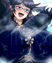 bayonetta bayonetta_(character) bayonetta_3 black_hair black_long_hair blue_eyes blue_iris blushing breast_crush clothed_female crushing_tiny_person female giantess gigantic_boobs gigantic_breasts glasses happy huge_boobs huge_breasts hyper_breasts jenny_secret macrophilia microphilia open_mouth red_lipstick sega size_difference thedaibijin