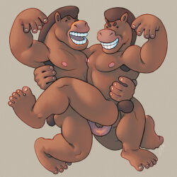 anal anal_penetration animal_genitalia animal_penis anthro armpit_hair body_hair brown_body brown_skin duo equid equine equine_genitalia equine_penis flexing genitals hi_res horse hug intertwined long_penis male male/male mammal muscular muscular_male nipples pecs penetration penis pink_nipples pink_penis ravuer short_tail silly silly_pose simple_background smile tail