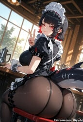 1girl ai_assisted ai_generated ass bangs black_hair black_legwear blush breasts curvaceous curvy curvy_female curvy_figure dress ellen_joe eyebrows_visible_through_hair female frills indoors large_breasts looking_at_viewer looking_back maid maid_headdress miyuai red_eyes short_hair short_sleeves sitting smile solo sweat tail thick thick_ass thick_butt thick_hips thick_legs thick_thighs thighhighs v voluptuous voluptuous_female wide_hips wide_thighs window wrist_cuffs zenless_zone_zero