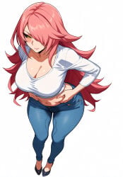 1girls ai_generated blazblue creature_inside edit edited hand_on_belly large_breasts nine_the_phantom pink_hair rubbing_belly wet yellow_eyes