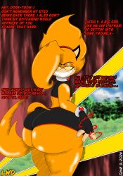 alien annoyed anthro ass_focus back_view bangs bedroom_eyes big_ass big_butt big_thighs bottom_heavy bottom_heavy_female bracelet bubble_ass bubble_butt butt_cheeks butt_focus clothed clothing crop_top dialogue dumptruck_ass dumptruck_booty dumptruck_butt electricity fat_ass fat_butt female female_anthro female_only fingerless_gloves flat_chest flat_chested fully_clothed hairband huge_ass huge_butt looking_over_shoulder lwd_cartoonz multicolored_fur necklace orange_fur outdoors psychotic sabrina_fang sharp_teeth short_shorts shorts smiling smiling_at_viewer spiky_hair super_powers tail tail_aside talking_to_viewer tight_clothing unhinged wide_hips wide_thighs yellow_eyes