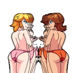 2girls animated artist_name ass ass_to_ass back blonde_hair blue_eyes breasts brown_hair curvy female female_only hair looking_at_another mario_(series) multiple_females multiple_girls nintendo on_back orange_panties panties pink_panties pixel_art princess princess_daisy princess_peach short_hair standing thetz topless transparent_background underwear video_games