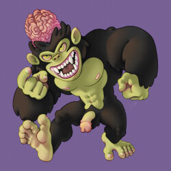 aggressive anthro belly black_body black_fur cartoon_network exposed_brain feet flaccid fur genitals glans green_belly green_body green_ears green_eyes green_face green_feet green_hands green_penis green_skin hairy haplorhine hi_res male mammal mojo_jojo monkey monkey_feet penis pink_glans powerpuff_girls primate ravuer simple_background smile soles solo