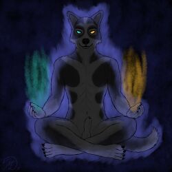 1:1 abs absurd_res animal_genitalia anthro balls black_body black_fur canid canine canis claws dark energy finger_claws fire fur fur_markings genitals glowing glowing_eyes grey_body grey_fur heterochromia hi_res mak_lykan maklykan male mammal markings meditation notched_ear sheath sitting sitting_on_ground solo toe_claws wolf