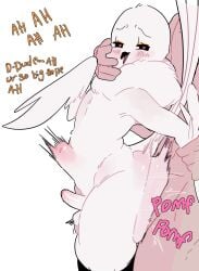abdominal_bulge anal anal_penetration anthro avian balls beak big_butt bird blush blush_lines burd_(meweeze) butt columbid dialogue duo english_text eyeliner feathers genitals hand_on_face heart_eyes heart_symbol hi_res holding_arm human impact_lines looking_at_viewer makeup male male/male male_on_anthro mammal meweeze moan motion_lines neck_tuft open_beak open_mouth penetration penis pigeon simple_background tail tail_feathers text thick_thighs tuft white_background white_body white_feathers winged_arms wings