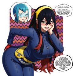 black_hair blue_hair body_swap carmine_(pokemon) dialogue drooling female_only golden_eyes grabbing_own_ass huge_ass huge_breasts mable_(pokemon) mind_swap momiji_(pokemon) momiji_(pokemon_legends:_z-a) open_mouth pokemon pokemon_legends:_z-a pokemon_sv pokemon_sv_mochi_mayhem posing possession saliva seille_(pokemon) thick_thighs umbracallistis