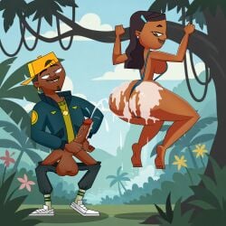 1boy 1boy1girl 1girls ass big_ass cum cum_on_ass cum_on_body damien_(tdi) dark-skinned_male female interracial jungle light-skinned_female male male/female penis priya_(tdi) slingshot_swimsuit total_drama_(series) total_drama_island total_drama_island_(2023) tree vanilladream34