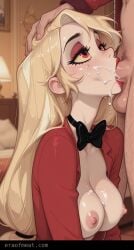 ai_generated blowjob charlie_morningstar_(hazbin_hotel) cum_in_mouth deepthroat eraofmeat female hazbin_hotel meat_master nipples