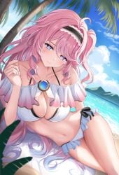 1girls beach breasts breasts_out denia_(wuthering_waves) female long_hair lying lying_on_side medium_breasts pink_hair purple_eyes shouhaku0512 swimsuit white_swimsuit wuthering_waves