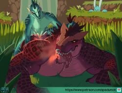 3boys anal_sex cum_in_ass cum_inside gay looking_pleasured lying male male/male male_only mammal muscular muscular_anthro muscular_male nude on_front on_ground open_mouth outside pecs penetration prone_bone_position pulling_hair red_body red_eyes red_scales reptile saliva saliva_drip saliva_on_tongue scales scalie sex sharp_teeth size_difference small_dom_big_sub small_on_top smaller_male spedumon spikes spikes_(anatomy) sweat tongue tongue_out touching_hair triceps waterfall