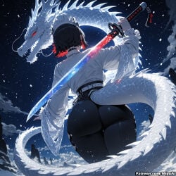 1boy 1girl ai_assisted ai_generated ass belt black_hair breasts curvaceous curvy curvy_female curvy_figure dragon dragon_tail eastern_dragon ellen_joe female from_behind holding jacket long_sleeves looking_back miyuai moon night night_sky patreon_logo scales shirt shooting_star sky snake solo space star_(sky) starry_sky sword tail thick thick_ass thick_butt thick_hips thick_legs thick_thighs voluptuous voluptuous_female weapon wide_hips wide_thighs zenless_zone_zero