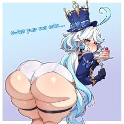 1girls ahoge ass bent_over big_ass blue_eyes blue_hair blue_hat blush bubble_butt cake curvy english_text fat_ass female female_only food furina_(genshin_impact) genshin_impact gloves hat hi_res highres hotpants huge_ass large_ass long_hair looking_at_viewer looking_back micro_shorts minishorts multicolored_hair shorts solo solo_female theyeager thick thick_thighs thigh_strap two-tone_hair voluptuous white_hair white_shorts wide_hips