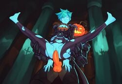 1boy 1girls alternate_costume balls big_penis erection female halloween halloween_costume legs_open legs_up looking_at_viewer overwatch penetration penis pumpkin pumpkin_head reaper ripped_clothing ripped_pants sex straight suoiresnu testicles tracer vaginal_penetration will-o-wisp_tracer