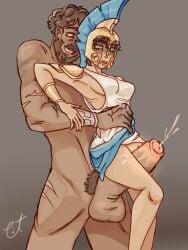 athena_(epic_the_musical) beard big_balls big_penis brunette cum cum_on_leg defeated defeated_heroine epic_the_musical facial_hair greek_helmet helm hephaestus_(epic_the_musical) nude nude_male nudity repost thigh_fuck thigh_sex