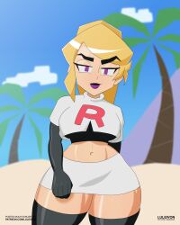 1girls abs absurd_res alternate_version_available beach bedroom_eyes big_breasts blonde_hair clothing cosplay dated gameoverse hi_res latex long_hair looking_at_viewer luleivon mean_look midriff miss_information_(gameoverse) pokemon ponytail purple_eyes self_upload smile team_rocket team_rocket_(cosplay) thick thick_hips thick_legs thick_thighs tied_hair url