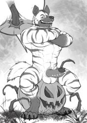 2021 abs absurd_res anthro chin_piercing claws cutaway dated ere facial_piercing fangs food front_view fruit grass hi_res hufnaar hyena looking_at_viewer male male_anthro mammal monochrome multiple_piercings muscular muscular_anthro muscular_male narey nipple_piercing nipple_ring nipples nose_piercing nose_ring nude pawpads pecs piercing plant pubes pumpkin ring_piercing septum_piercing septum_ring simple_background sitting solo striped_arms striped_legs teeth toe_claws