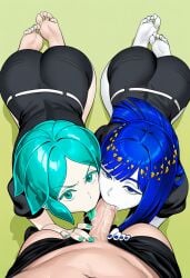 1boy 2girls 2girls1boy ai_generated all_fours angry ass blue_eyes blue_hair blue_nails bob_cut bored bored_expression cooperative_fellatio feet fellatio green_eyes green_hair green_nails hand_on_head hand_on_penis houseki_no_kuni land_of_the_lustrous lapis_lazuli_(land_of_the_lustrous) long_hair looking_at_viewer painted_nails phosphophyllite pov raised_ass relaxed_expression saliva short_shorts shorts tie tongue tongue_out uninterested viewed_from_above