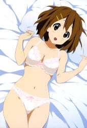 1girl 1girls ai_generated bed_background belly bow bow_bra bow_panties brown_eyes brown_hair cute_face girl half_naked human k-on! lingerie looking_at_viewer lying lying_on_back lying_on_bed lying_on_pillow medium_breasts mouth on_bed open_mouth pillow schoolgirl sexy_body thick_thighs thighs white_underwear yui_hirasawa_(k-on!)