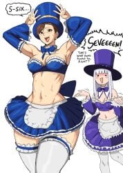 2d 2girls 67_(meme) armwear athletic athletic_female bangs big_breasts bowtie breasts brown_eyes brown_hair bustier busty capcom choker chun-li cosplay crop_top dialogue english_text female female_focus female_only full_body hat hourglass_figure ingrid_(capcom) legwear light-skinned_female light_skin lipstick long_hair midnight_bliss miniskirt octavius_dp skirt small_breasts speech_bubble stockings street_fighter street_fighter_6 thighhighs top_hat wide_hips