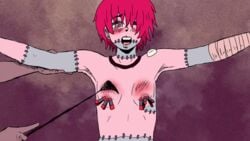 arms_spread blush bondage breast_spanking breast_torture breasts clenched_teeth closed_eyes female femsub frankenstein frankenstein_(species) hanako_(swamimen) nipple_clamps nude one_eye_closed riding_crop swamimen zombie