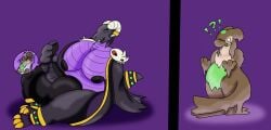 anonymous_artist anthro balls big_balls black_body bone clothing cock_vore cum_slime dragon genitals goo_transformation green_eyes gynomorph hi_res horn huge_balls intersex jewelry masturbation mythological_creature mythological_scalie mythology penile penis purple_body robe scalie skull transformation vore