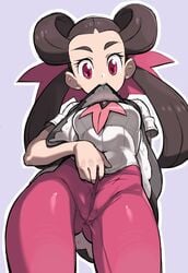 1girls ass breasts brown_hair cameltoe dress dress_lift eyelashes female female_masturbation female_only from_below glo-s-s gym_leader holding human human_only long_hair looking_down masturbating masturbation mouth_hold nintendo panties panty_pull pantyhose pokemon pokemon_oras pokemon_rse purple_background red_eyes roxanne_(pokemon) roxanne_(pokemon_oras) skirt standing teeth twintails white_border wide_hips