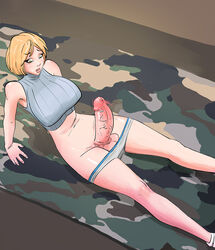 1futa 2d 2d_(artwork) balls big_balls blonde_futa blonde_hair blonde_hair_futa breasts camouflage camouflage_carpet cropped_sweater dickgirl digital_media_(artwork) erection futa_only futanari girthy_penis gray_panties green_eyed_futa green_eyes grey_panties halterneck hands_on_floor huge_balls huge_breasts huge_cock intersex large_breasts large_penis light-skinned_futanari light_skin looking_at_penis lying lying_down midriff navel open_mouth panties panties_down parted_bangs parted_lips penis plumbeo precum short_hair sitting_up sleeveless sleeveless_sweater solo solo_futa sweater testicles thick_penis thick_thighs vein veiny_penis