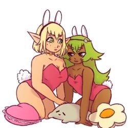 2girls amalia big_breasts blonde_hair breasts brown_body brown_eyes bunnysuit cleavage cra cute dark-skinned_female dark_skin evangelyne female female_focus female_only green_eyes green_hair lesbians long_hair multiple_girls peachkuns pillows sadida short_hair small_breasts tan thighs wakfu