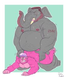 anthro ape beard belly big_belly big_dom_small_sub duly_noted duo elephant facial_hair gorilla hyper hyper_belly interspecies male male_only mammal manly musclegut pecs primate proboscidean sex size_difference smile sweat tattoo vein yaoi