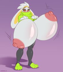 big_breasts blush breasts female flashing furry hourglass_figure hyper hyper_breasts hyper_nipples looking_at_viewer motion_lines pokemon raboot schwoo shirt_lift thick_thighs unaligned_breasts