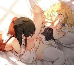 2girls ^_^ anus ass bar_censor bare_shoulders black_eyes black_hair blush bottomless bow braid breast_grab breasts censored closed_eyes commentary_request decensored detached_sleeves eyebrows_visible_through_hair female grabbing hair_tubes hairbow indoors kneehighs leg_up long_sleeves lying marisa_kirisame multiple_girls nipples no_hat no_headwear on_back piyokichi puffy_short_sleeves puffy_sleeves purple_bow pussy red_bow reimu_hakurei short_sleeves sidelocks single_braid sleeveless small_breasts spread_legs thighhighs third-party_edit tongue tongue_out touhou uncensored wavy_hair white_legwear yuri