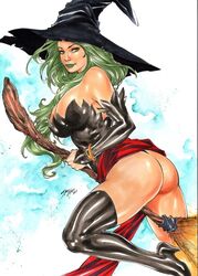 1girls 2018 ass big_ass big_breasts black_corset black_gloves black_hat black_heels black_panties black_thighhighs bracelet bracelets breasts broom broom_riding broomstick busty character_request copyright_request corset curvaceous curvy dat_ass dated ed_benes_studio eyeshadow female female_only flying_broom gloves green_eyes green_hair green_lips green_lipstick hat heels iago_maia long_hair makeup mascara panties pinup red_sash sash signature solo thick_ass thighhighs voluptuous witch witch_hat