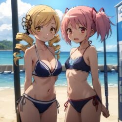 2girls ai_generated beach beach_background big_breasts bikini blush drill_hair embarrassed female female_focus females females_only hair_ornament looking_at_camera looking_at_viewer madoka_kaname magical_girl mahou_shoujo_madoka_magica mami_tomoe pink_eyes pink_hair pink_ribbon puella_magi_madoka_magica ribbons slim slim_girl slim_waist small_breasts smile thick_thighs tomoe_mami twintails yellow_eyes yellow_hair