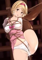 1girls arms_behind_back blonde_hair bondage brown_eyes brown_legwear clothes_lift crying cyoppu djeeta_(granblue_fantasy) dress dress_lift female female_only forced_exposure granblue_fantasy hairband leg_up medium_breasts open_mouth panties pantsu pussy_juice shibari_over_clothes short_hair solo tears thighhighs white_panties