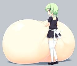 1girls breast_rest breast_suppress breasts breasts_bigger_than_body breasts_bigger_than_head breasts_bigger_than_torso breasts_on_floor breasts_out female from_behind gigantic_breasts green_hair human hyper hyper_breasts immobile kaimantokage maid maid_outfit massive_breasts short_hair solo tagme thighhighs too_big too_big_to_move