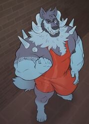 1boy 2021 5_fingers 5_toes anthro bara barefoot beard big_bulge black_hair black_nose blue_body blue_fur blue_horn body_hair bulge canid canine canis chest_hair demon elaz facial_hair feet fingers fur gay grey_body grey_fur hair hi_res high-angle_view horn huge_bulge humanoid_feet humanoid_hands hyper hyper_bulge kazushi looking_at_viewer male male_only mammal multicolored_body multicolored_fur muscle muscles muscular muscular_anthro muscular_male plantigrade smiling smug smug_face solo solo_male toes tusks two_tone_body two_tone_fur wolf wrestling_singlet yaoi