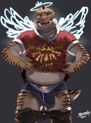 angel anthro bakemonoy belly bulge clothing elliot gecko hylian_crest lizard male male_only nintendo penis reptile scalie shirt slightly_chubby solo teeth the_legend_of_zelda triforce underwear video_games