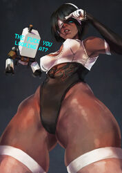 alternate_costume armpits ass_visible_through_thighs blindfold blue_eyes breasts brown_skin cleavage cleavage_cutout dark-skinned_female dark_skin drone gloves hips leotard lips monorirogue nier nier:_automata pod_(nier) pussy_bulge soul_calibur stockings text thick_thighs thighs yorha_2p