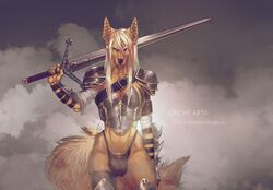 animal_genitalia anthro armor balls clothed clothing dickgirl golden_jackal intersex melee_weapon qrichy sword weapon zilla_(airlea)