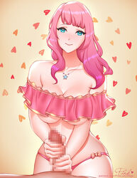 1boy bangs bare_shoulders blue_eyes blunt_bangs breasts censored cleavage collarbone commentary english_commentary eyebrows_visible_through_hair female handjob heart jewelry long_hair looking_at_viewer medium_breasts mosaic_censoring necklace original panties penis pink_hair pink_lady_mage_(character) pink_panties pinkladymage simple_background smile solo_focus straight two-handed_handjob underboob underwear